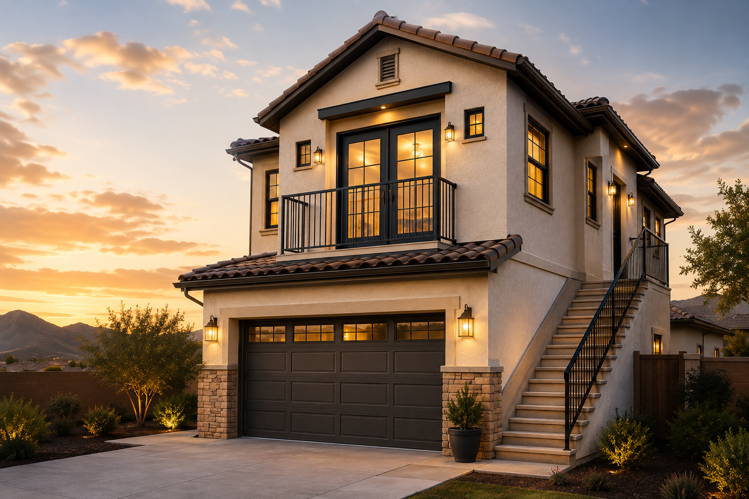 Two-story Arizona home with a finished living space built above the garage and an exterior staircase