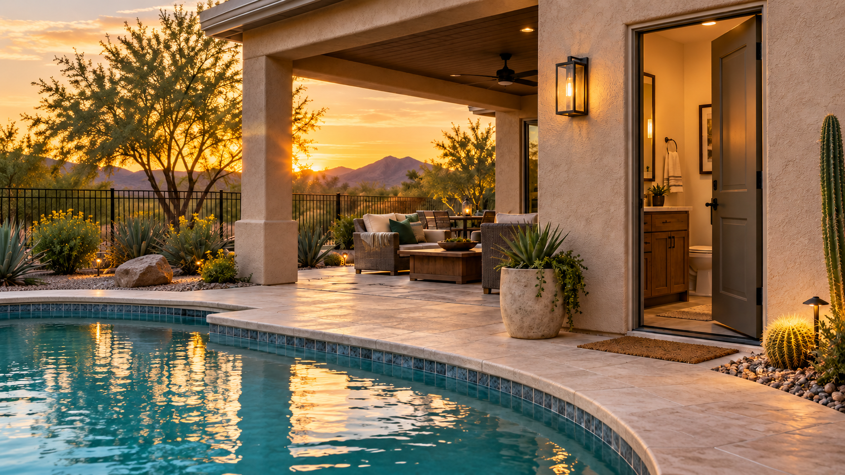 Backyard bathroom with direct access to an Arizona covered patio and pool area