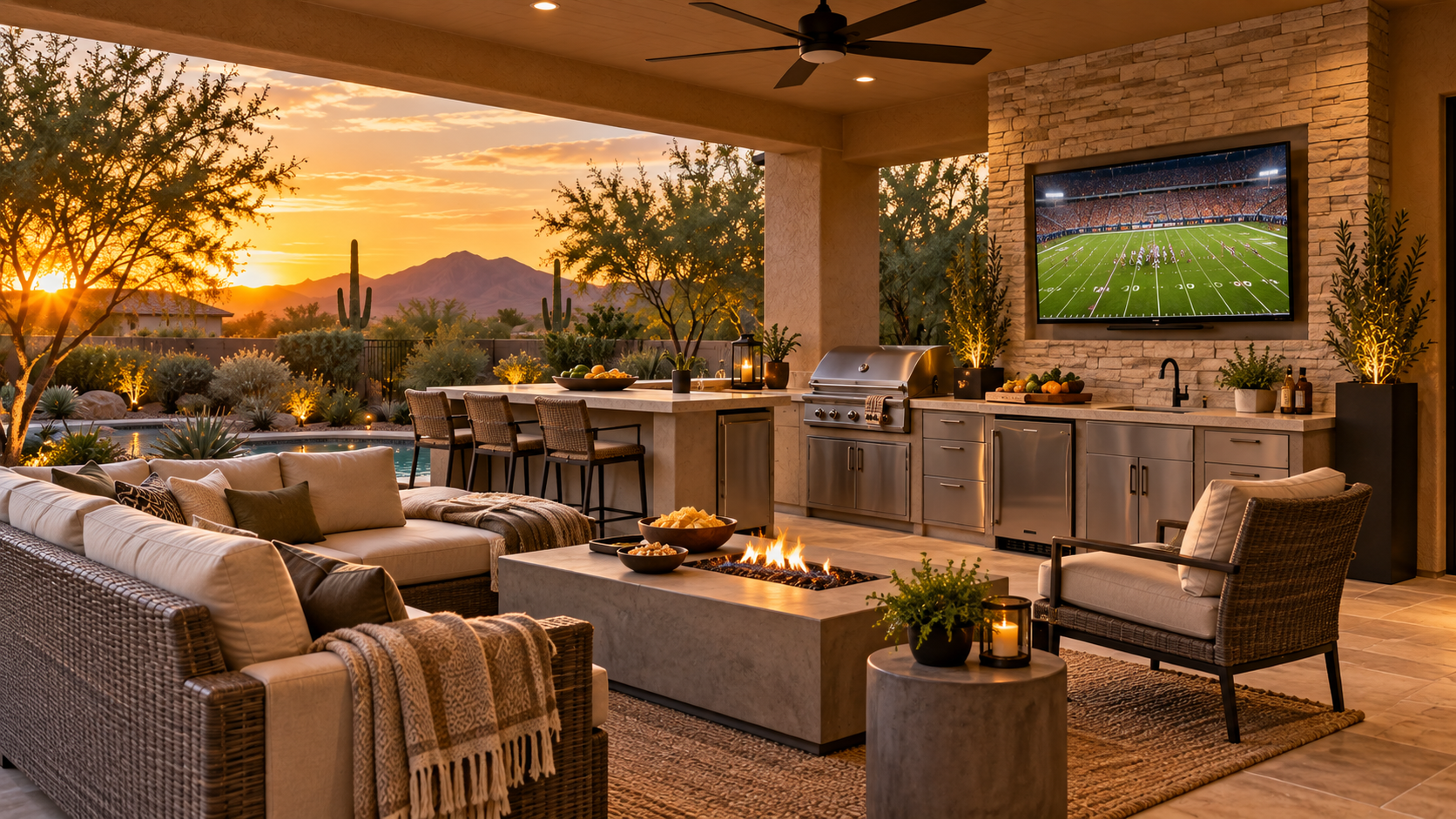 Arizona covered patio with an outdoor kitchen, television wall, lighting, and seating arranged for a football gathering