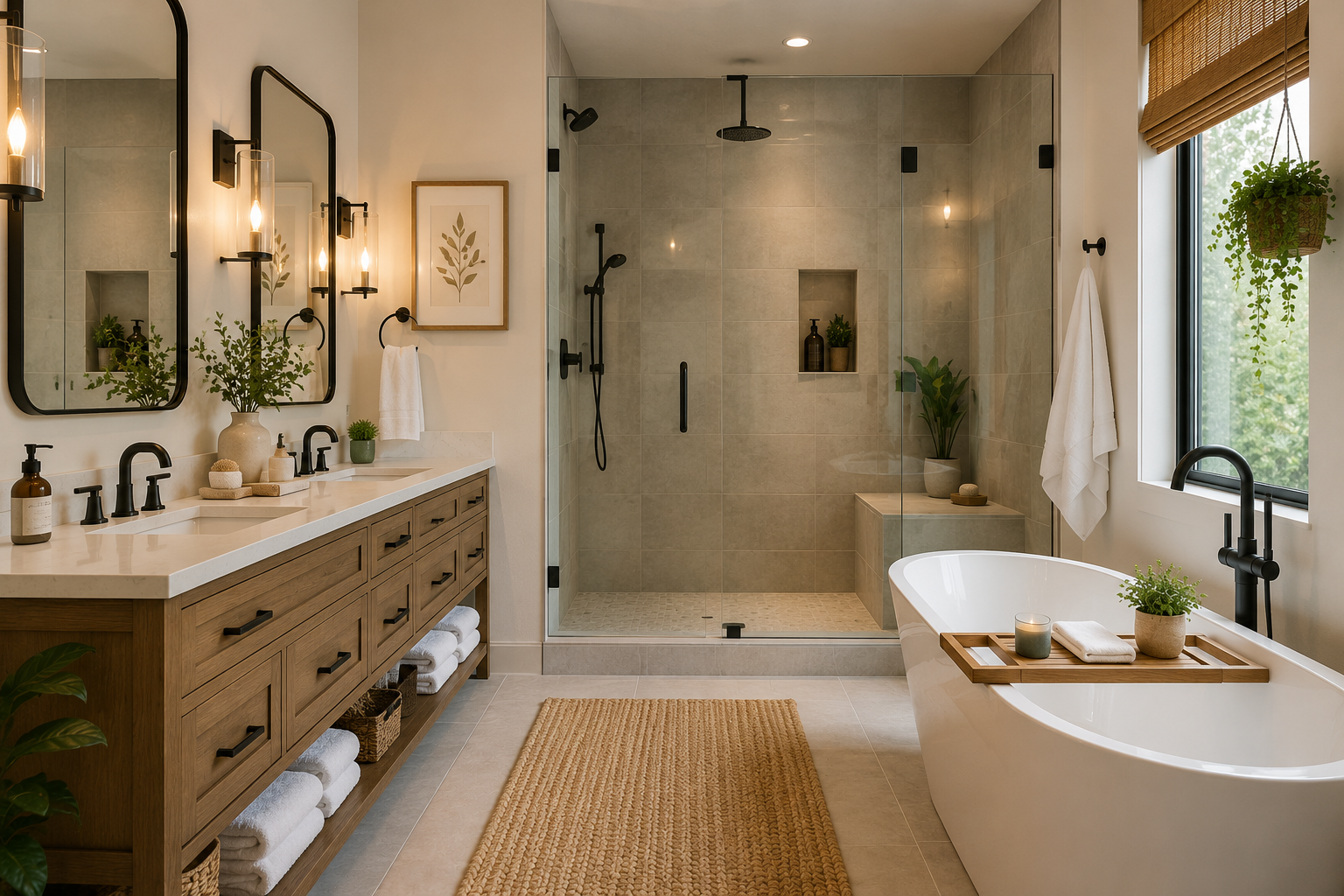 Updated bathroom with walk-in shower, vanity storage, and bright modern finishes