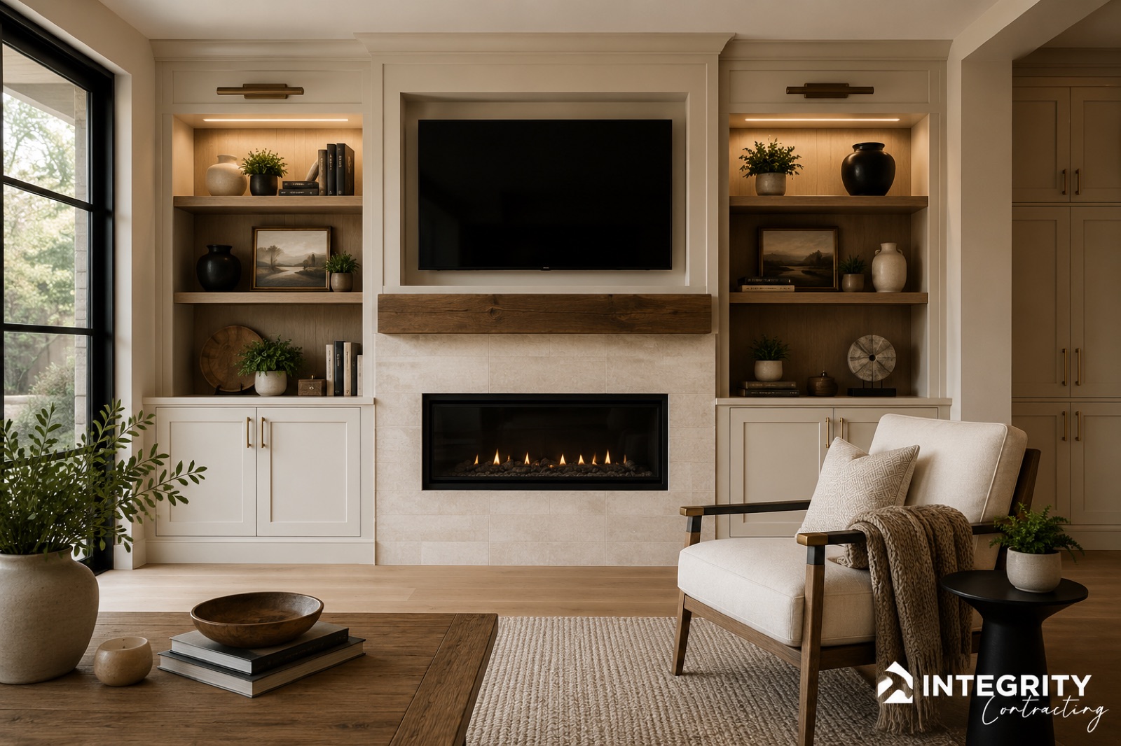 Custom floor-to-ceiling built-in shelving and cabinetry framing a living room wall