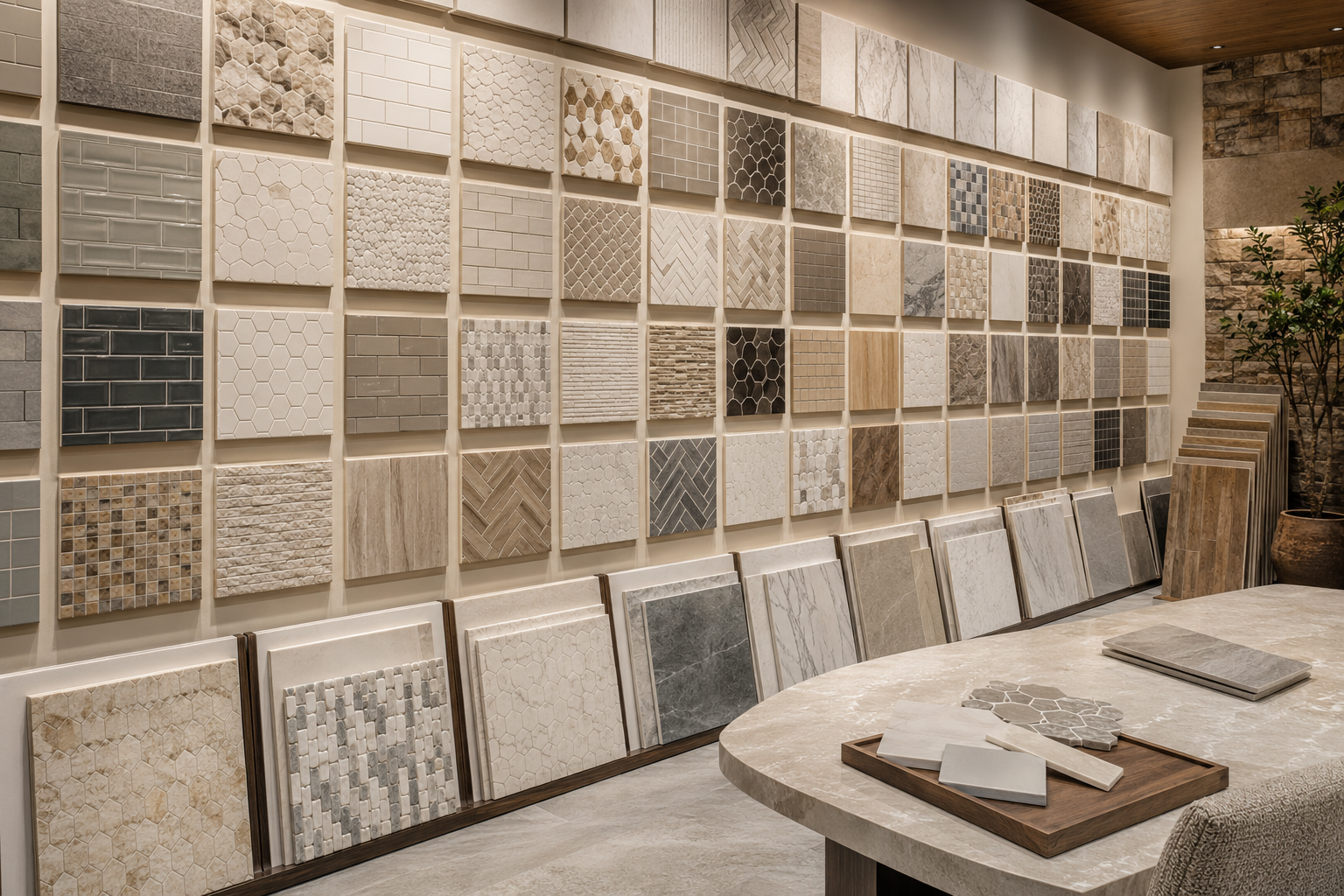 Interior designer helping an Arizona homeowner compare tile samples, finishes, and price points for a bathroom remodel