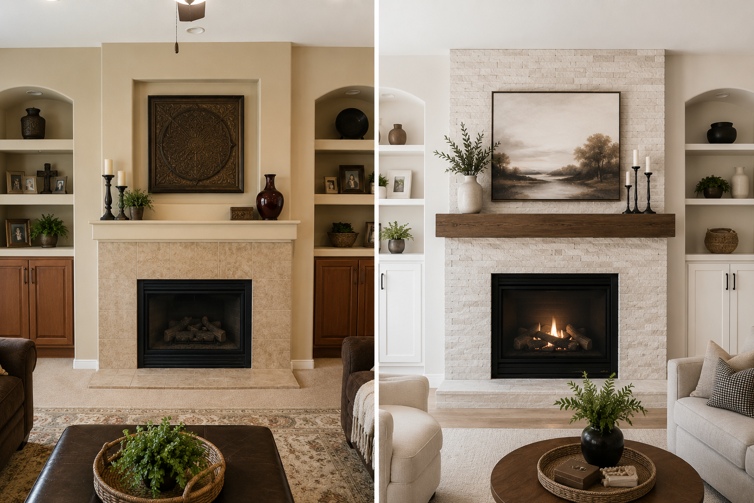 Updated living room fireplace with modern surround and custom built-in details