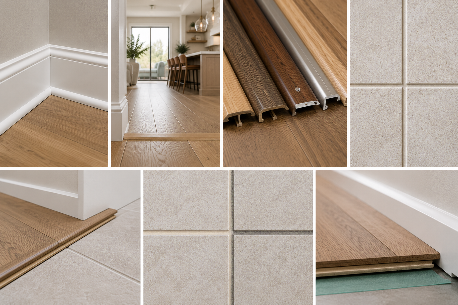 Detailed close-up of finished flooring, baseboards, grout lines, and clean room transitions