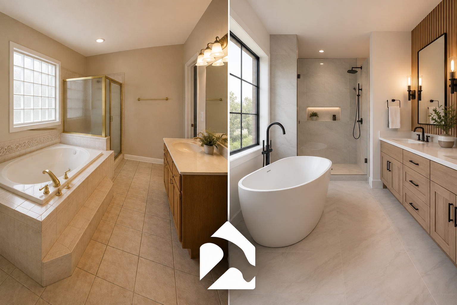 Modern freestanding bathtub replacing an old built-in tub in a remodeled bathroom