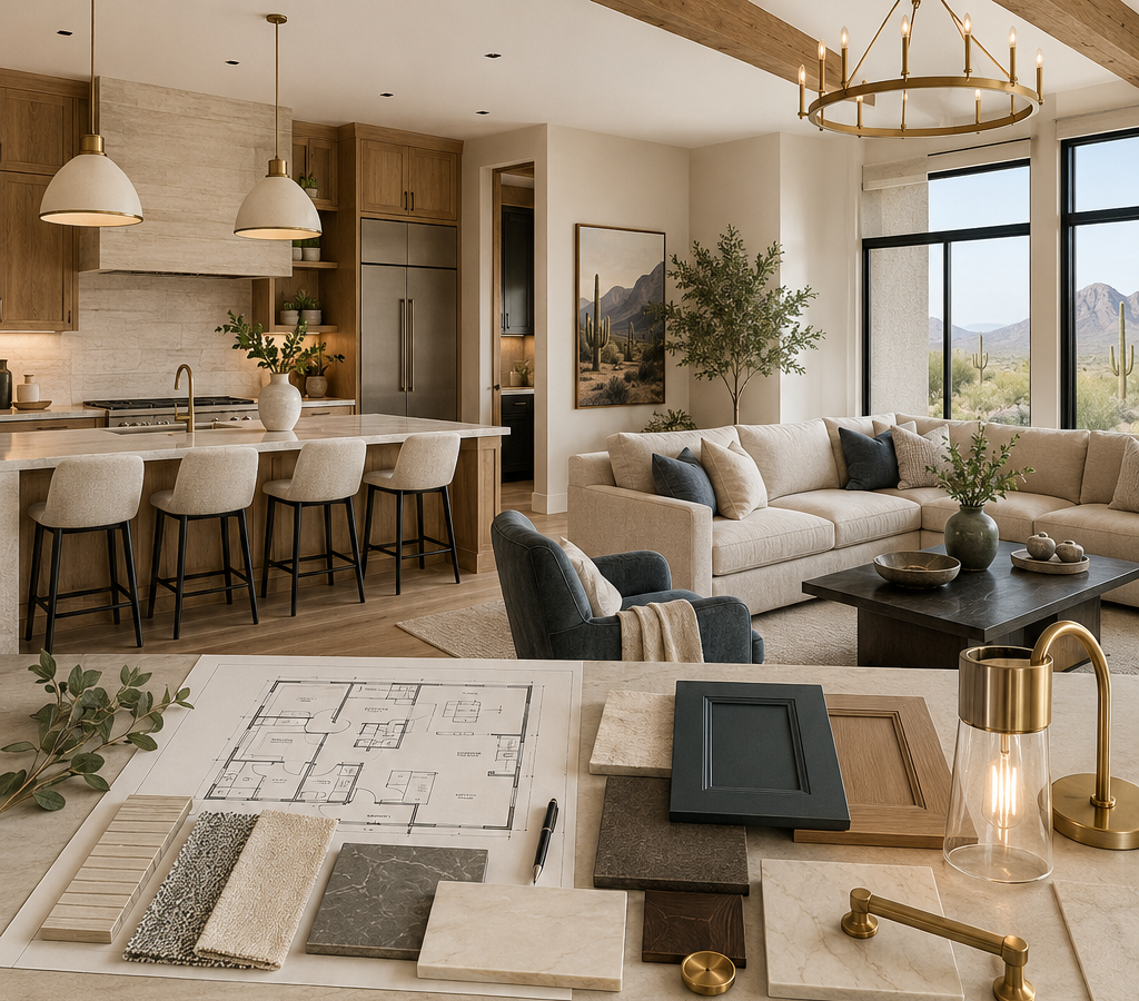 Interior designer material samples, floor plans, cabinetry finishes, and lighting selections arranged in front of a completed Arizona kitchen and living room remodel