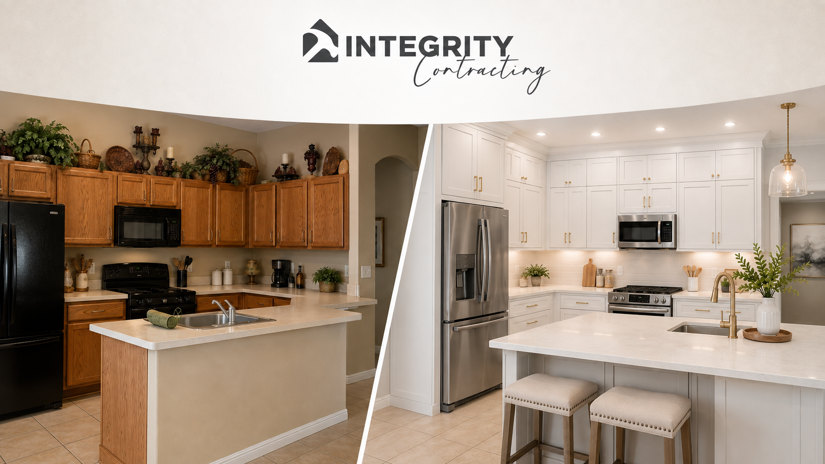 Before and after of a kitchen remodel replacing dated oak cabinets with white ceiling-height cabinetry