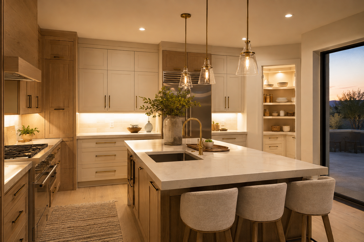 Remodeled Arizona kitchen featuring bright recessed ceiling LEDs, pendant fixtures, pantry lighting, and dimmable under-cabinet lights
