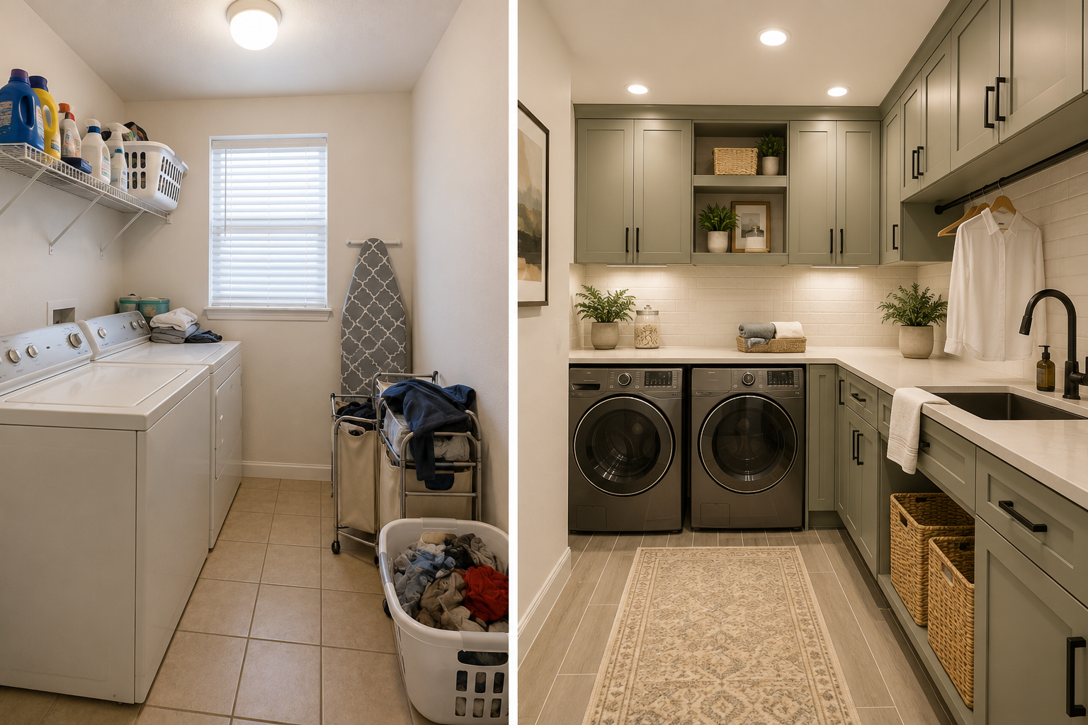 Newly remodeled laundry room with custom cabinetry and countertops