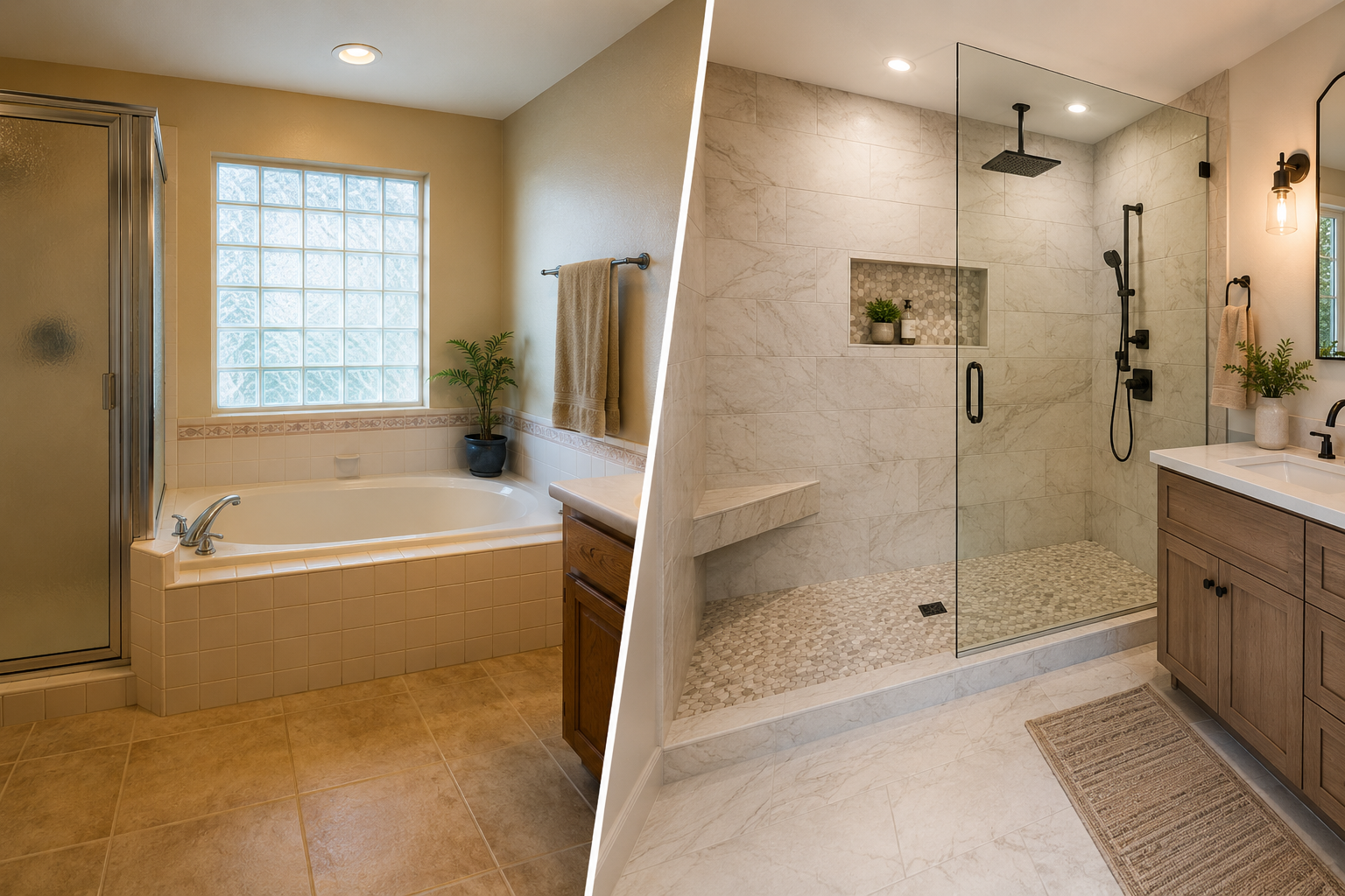 Before and after of an outdated bathtub converted into a modern walk-in shower