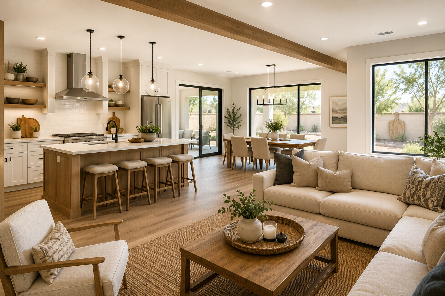 Bright open Arizona kitchen and living area after walls were removed for better flow