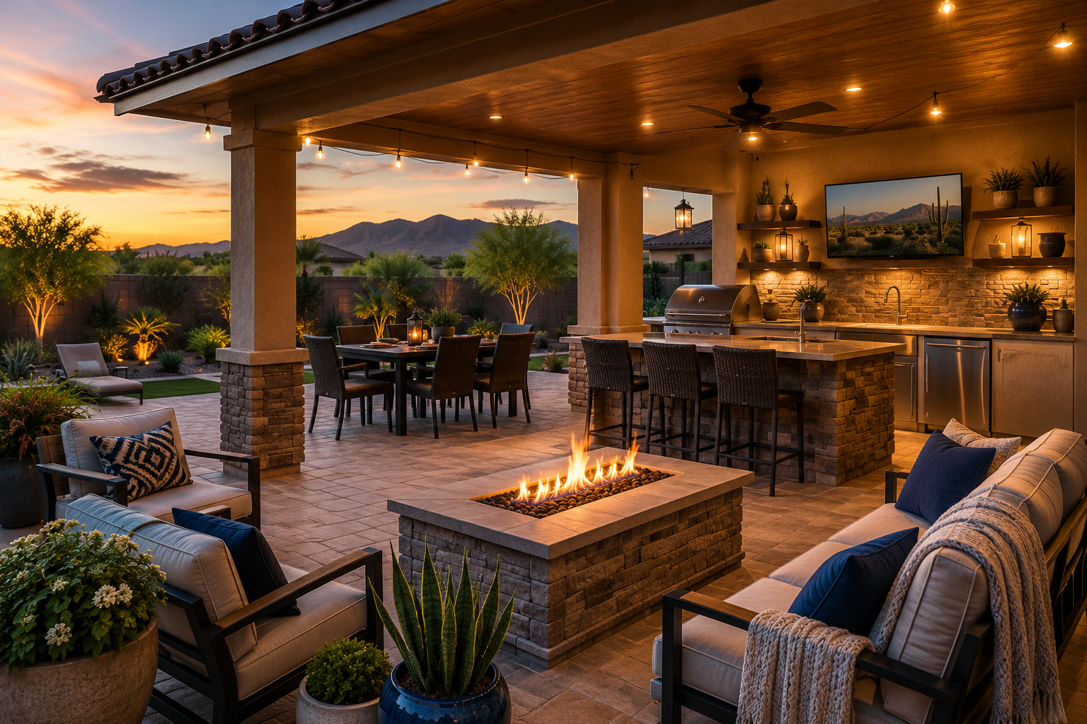 Covered Arizona patio with outdoor kitchen and comfortable seating area