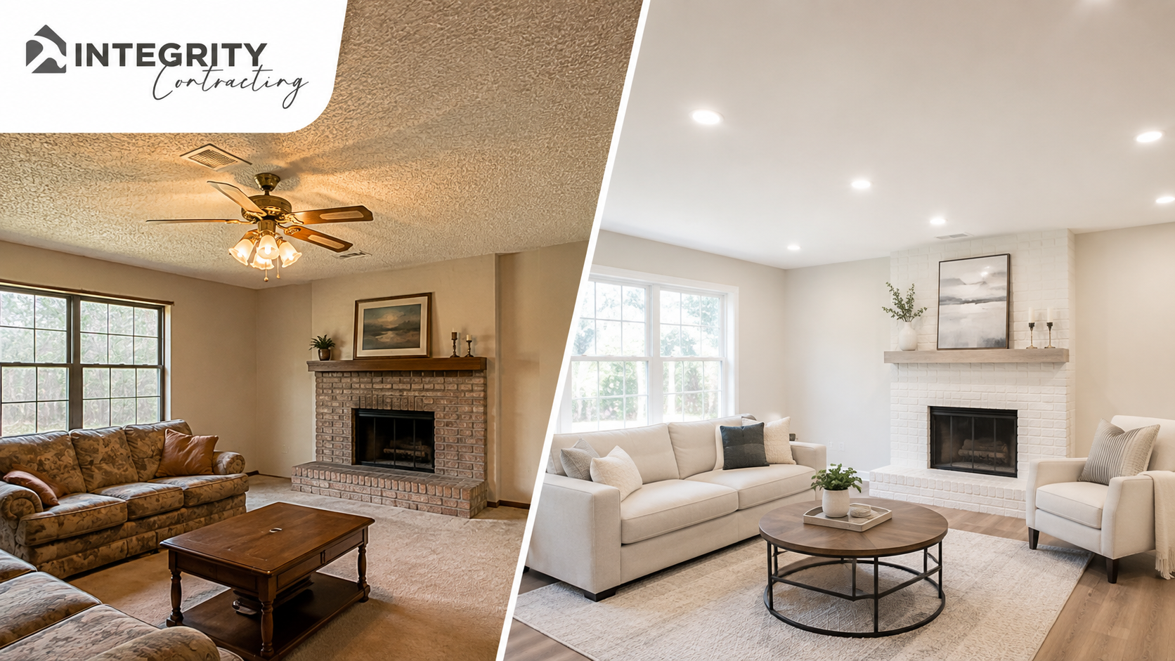 Before and after of a living room with a popcorn ceiling replaced by a smooth finished ceiling and recessed lighting