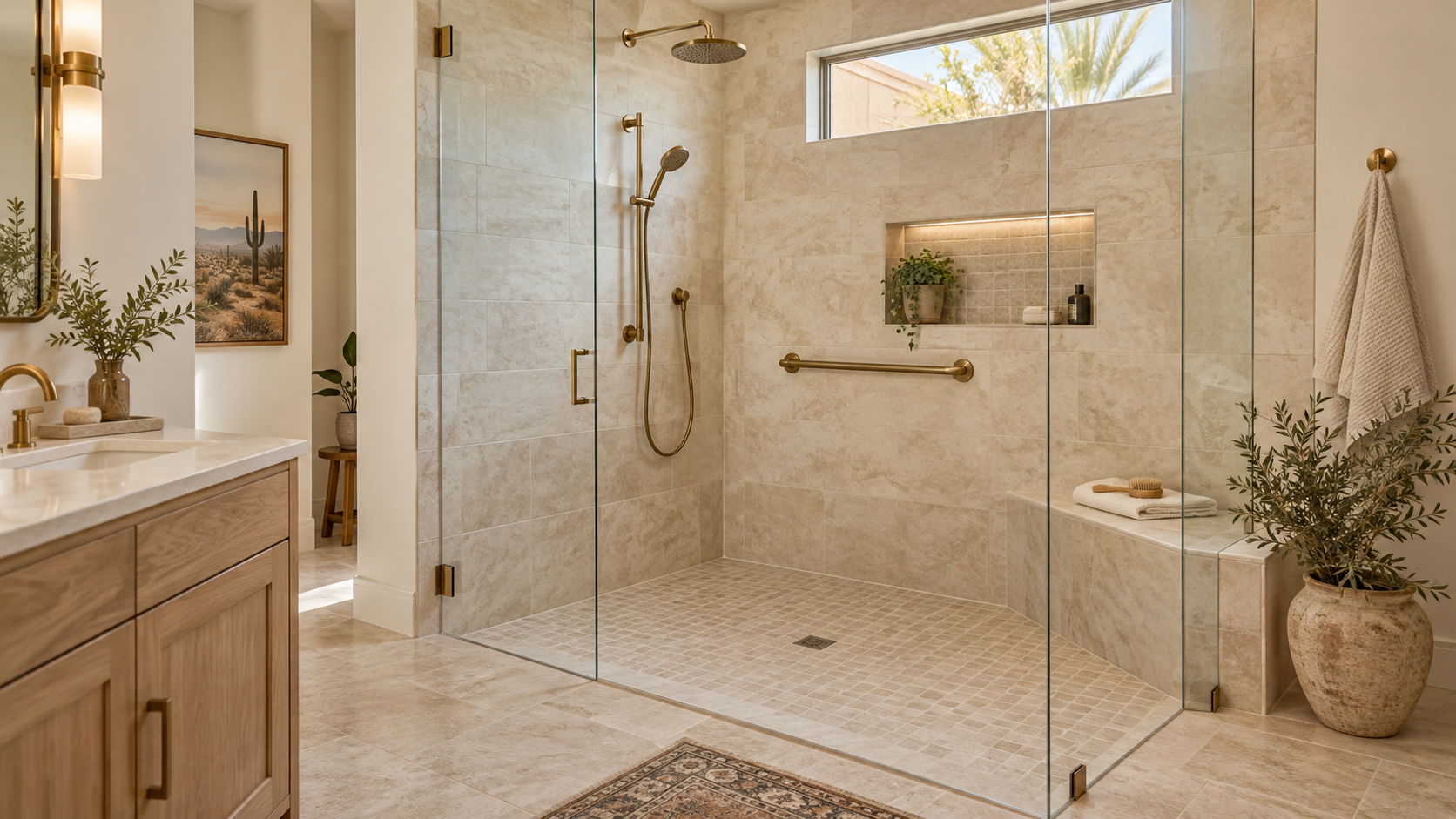 Curbless walk-in shower with glass panels, a tiled bench, handheld shower head, and brushed brass grab bar in an Arizona bathroom