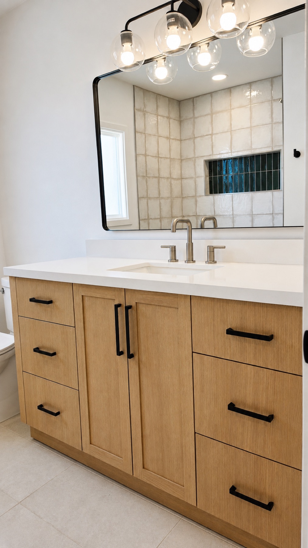 New hall bathroom vanity in light oak with a quartz counter, black hardware, a round black-framed mirror, and a globe light fixture