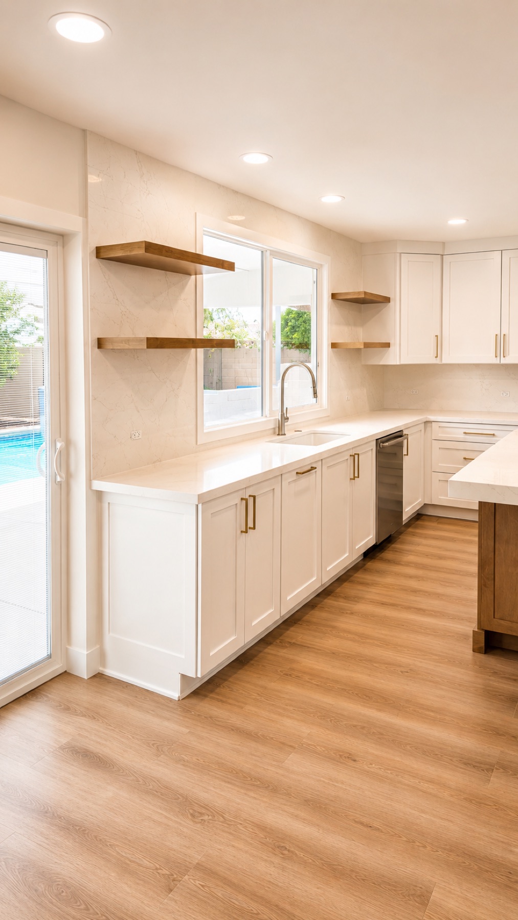 New sink run with white shaker cabinets, quartz counters, floating white oak shelves, and a window looking out to the pool