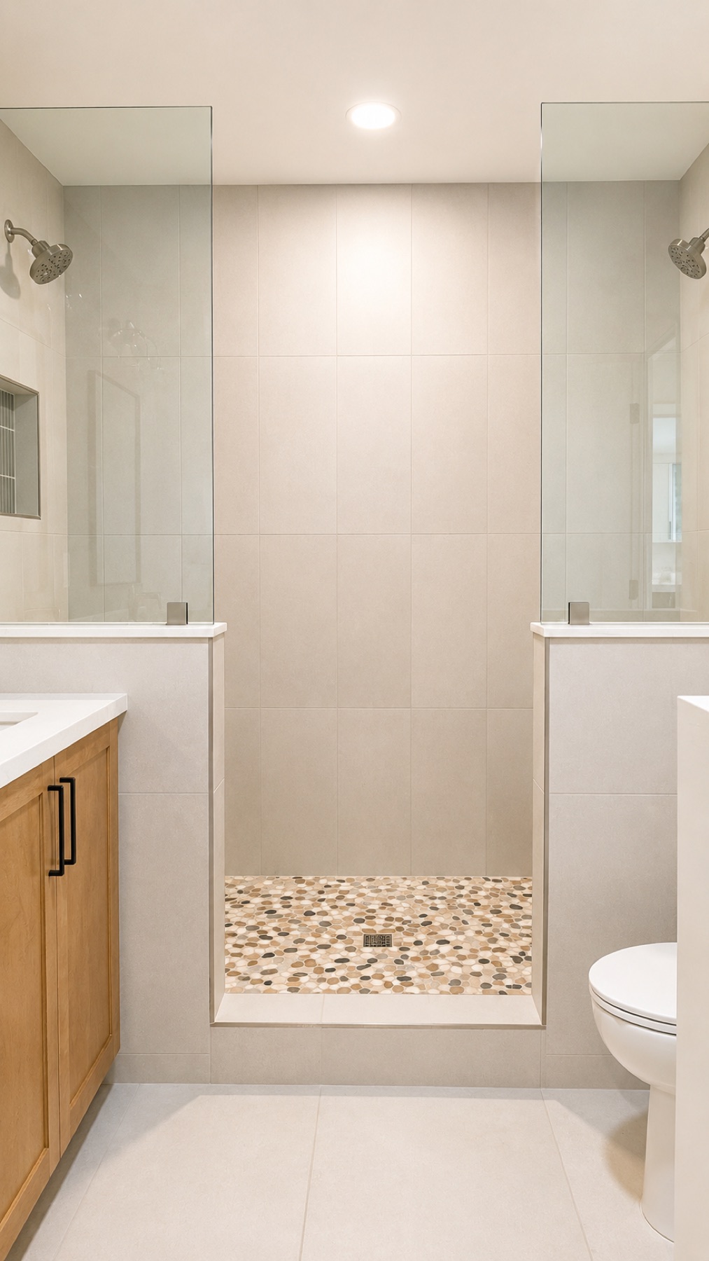 New walk-in shower in the primary bathroom with large-format tile walls, a pebble tile floor, and a glass surround