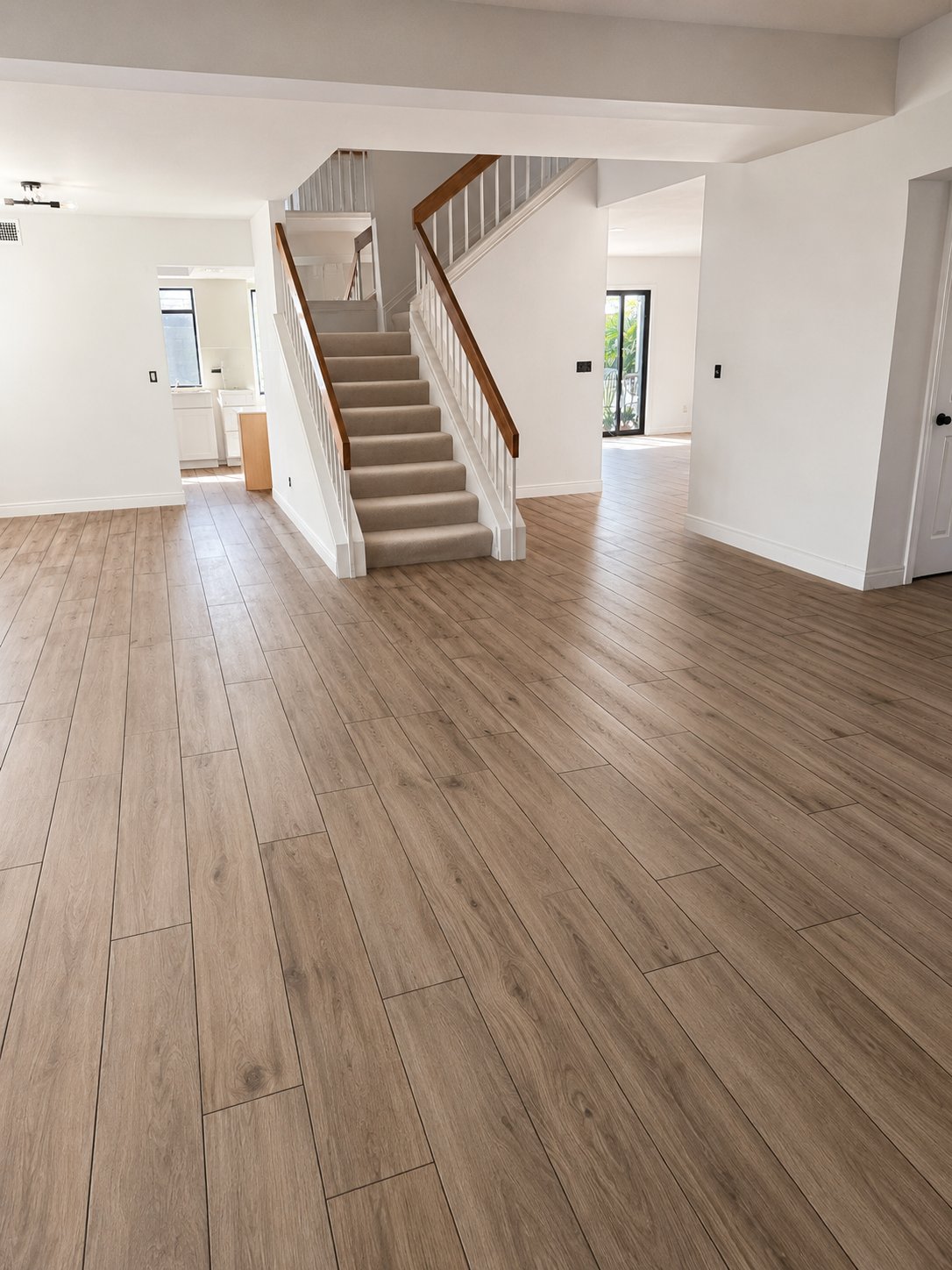 New wide-plank flooring through an open living room and staircase