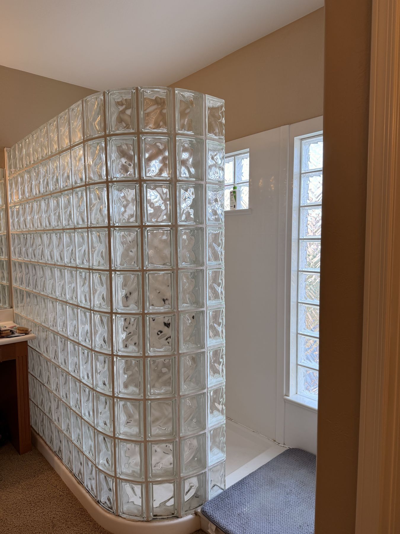 Close-up of the original curved glass block shower enclosure before the remodel