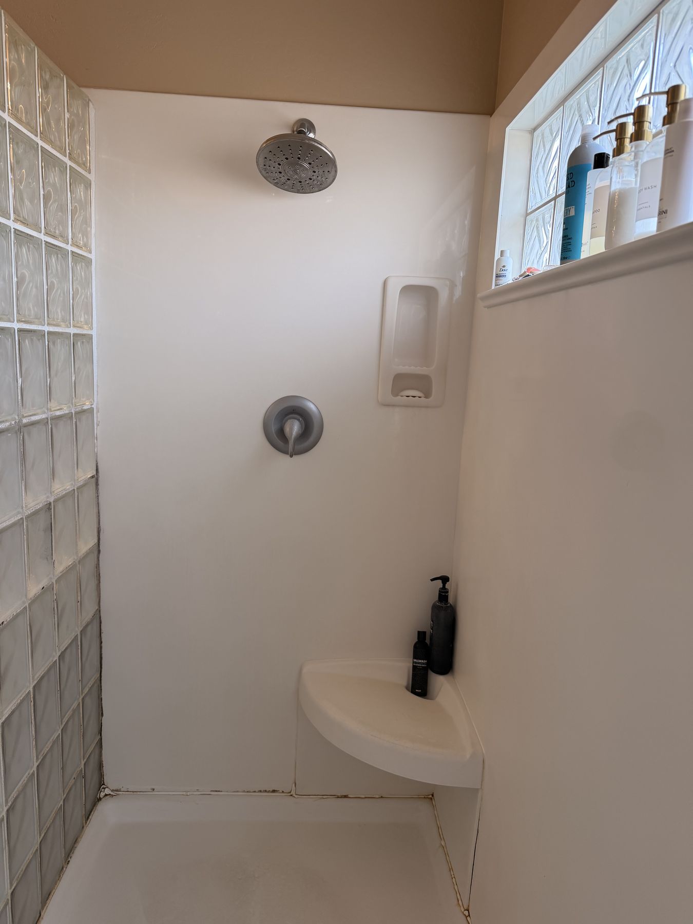 Inside the original small fiberglass shower insert before the remodel, with dated fixtures and a corner shelf