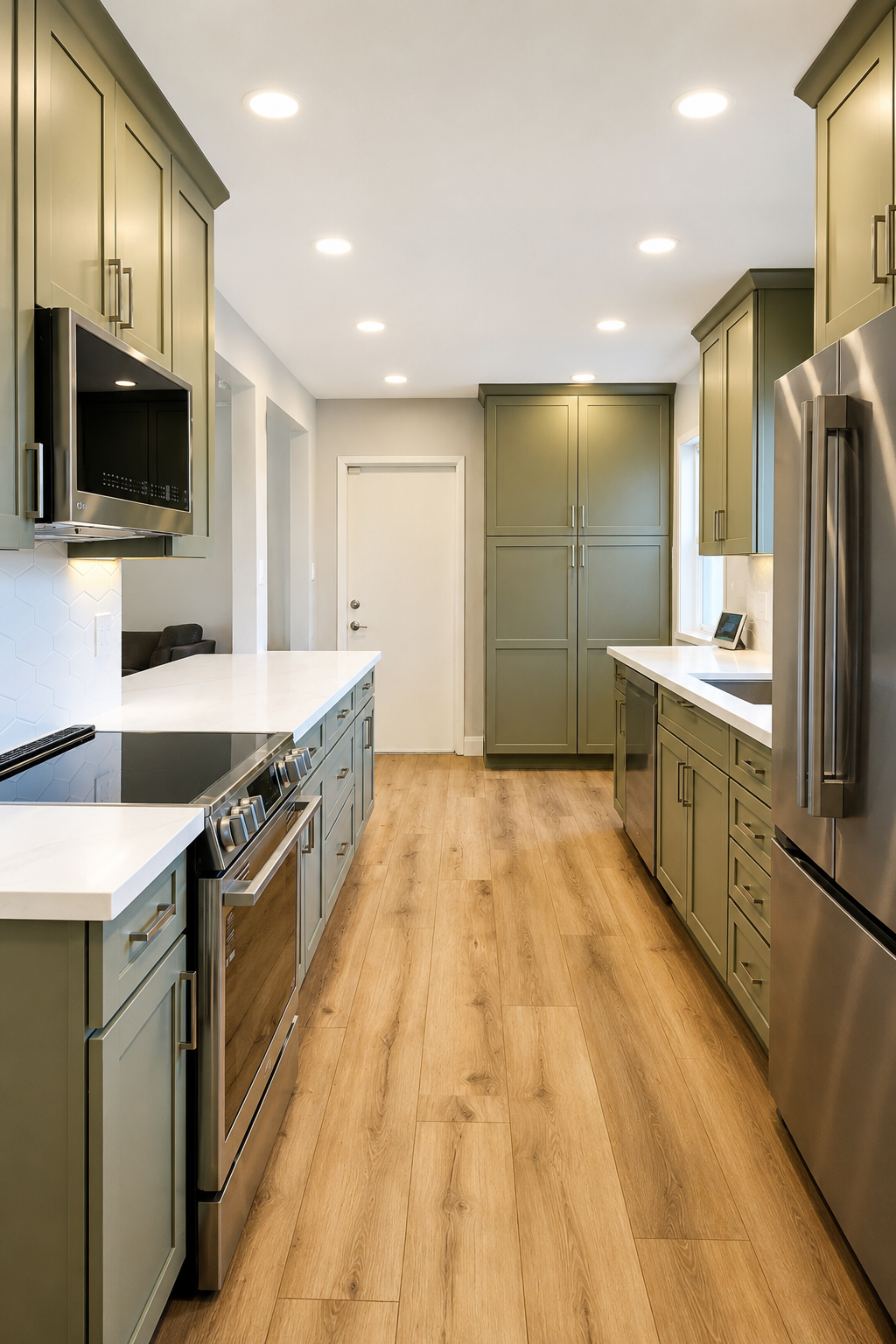 Finished galley kitchen with olive shaker cabinets, quartz counters, pantry storage, and wood-look flooring